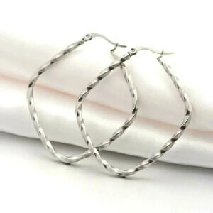 Surgical Stainless Steel Twisted Rhombus 48x43mm Silver Hoop Earrings